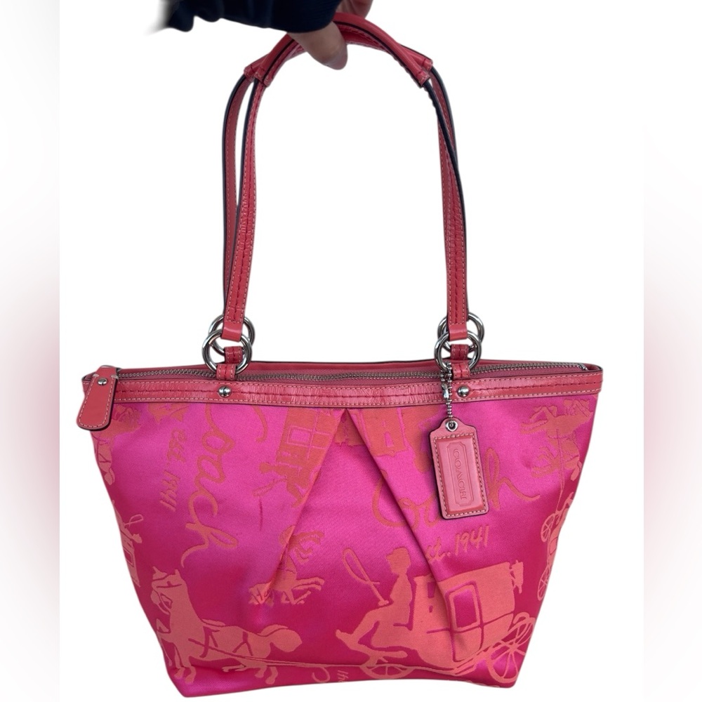Coach Pink and Coral Horse & Carriage Pleated Tote Bag